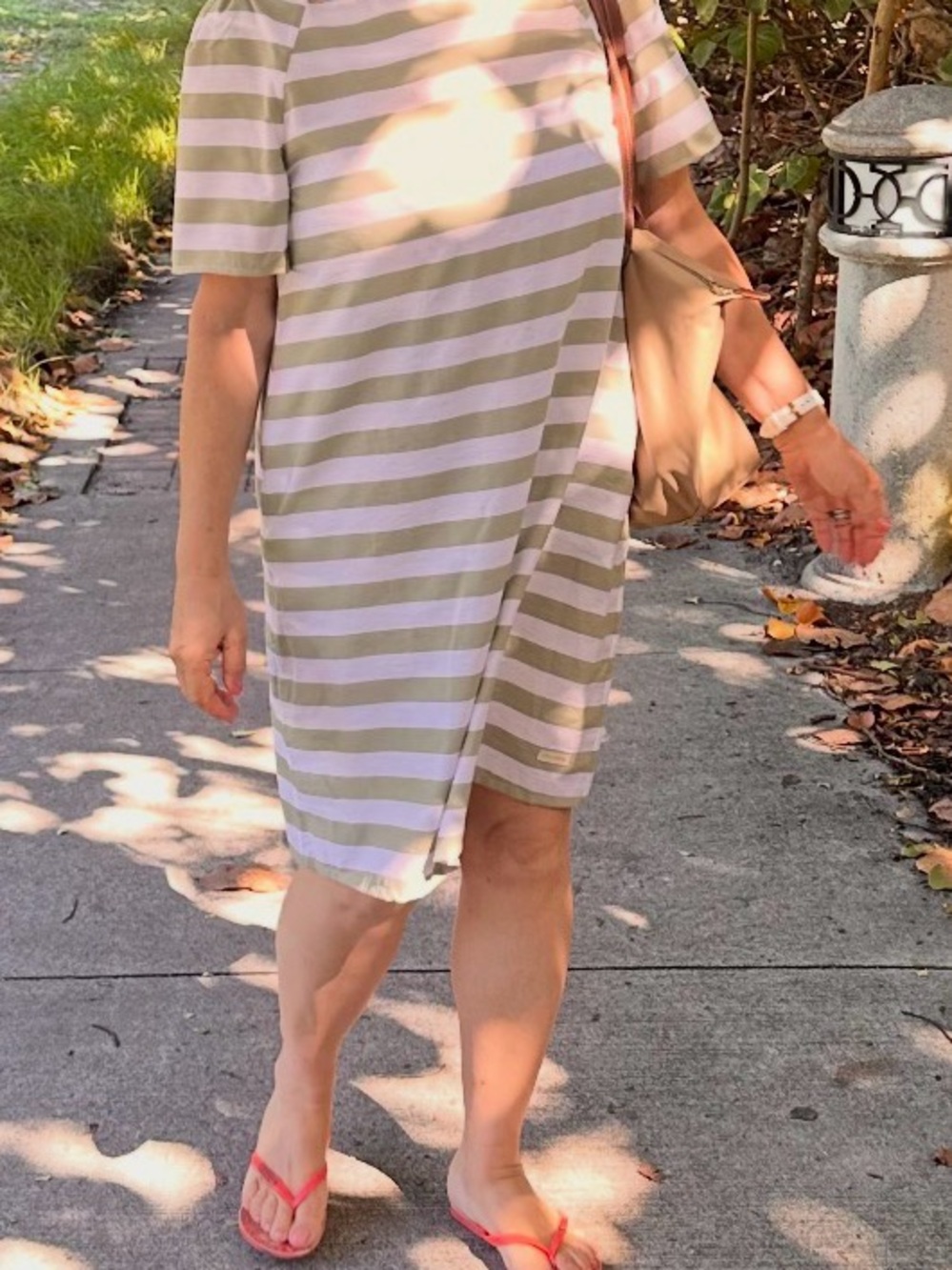 Saint James Green and White Striped Midi Dress khaki pockets size 40/US 10